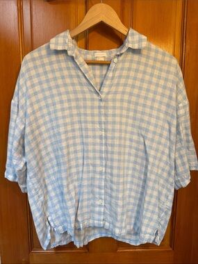 H&M HOME Light Blue and White Gingham Button-Up Crop Shirt
